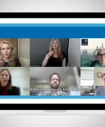A laptop scree, showing a video call between six people