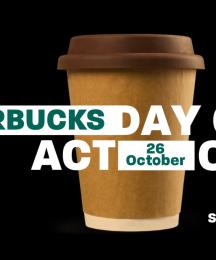A cup from a coffee shop with the words 'Starbucks Day of Action' surrounding it