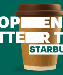 A takeaway coffee cup with 'Our open letter to Starbucks' over it