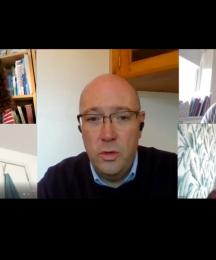 Five people taking part in a video call, with two men and three women