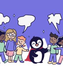 An illustrated penguin in a cape, holding a smartphone, surrounded by a diverse mix of adults and children, one in a wheelchair