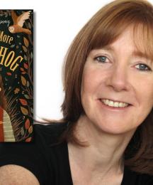 A woman smiling, with an inset of an illustrated children's book cover