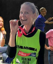 A montage featuring a young woman speaking into a microphone, dancing, wearing a running and biting a medal, and smiling
