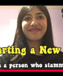 A woman smiling, with text saying 'Starting a new job as a person who stammers'