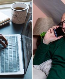 A woman's hands typing on a laptop, and a man on a sofa speaking into a phone