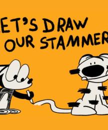 The words 'Let's draw our stammer' above two comic strip characters