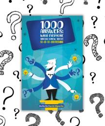 A book cover with an illustrated man with six arms, against a background of question marks in different styles