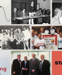A collage of old and new photographs and logos
