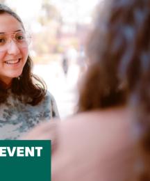A young woman in conversation with somebody who has their back to us. In the bottom left-hand corner are the words 'Online event'
