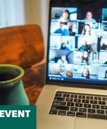A mug next to a laptop computer. The words 'online event' are in the bottom left0hand corner
