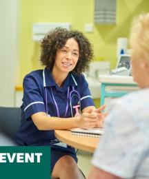 A female nurse at a desk talking with a patient. In the bottom left-hand corner are the words 'online event'