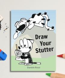 A book cover, surrounded by colouring pencils, a pencil sharpener and an eraser