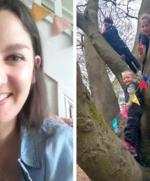 A woman smiling, next to an inset of three children playing in a tree