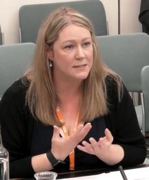 A woman sitting in a meeting room, gesticulating with her hands