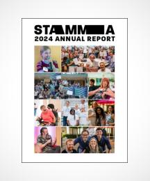 The front cover of a report, with numerous photos of people on it