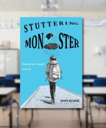 A book cover with an empty classroom in the background