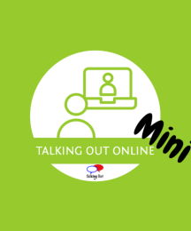 An illustrated person looking at a computer, with the text 'Talking Out Online Mini' underneath