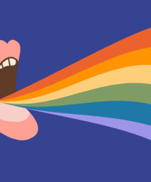 An illustrated open mouth with rainbow colours coming out of it