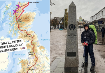 Two images, a map of the UK on the left and a man standing next to a stone marker and wearing hiking gear on the right