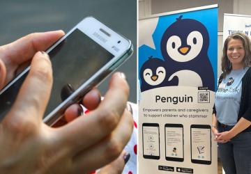 Two images, a pair of hands using a smartphone, and a woman standing beside a promotional banner