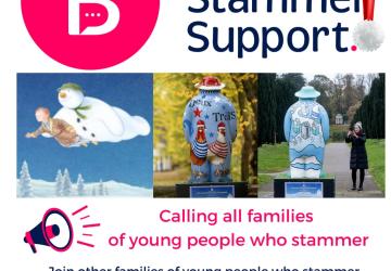 A poster saying 'Belfast Stammer Support' above a Snowman collage underneath