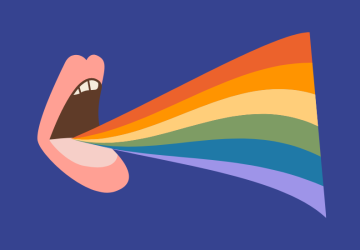 An illustrated open mouth with rainbow colours coming out of it