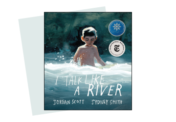 The illustrated front cover of a book, of a boy in a river