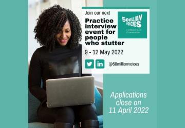 A woman looking at a laptop and smiling, with text giving details of the 50 Million Voices free Practice Interviews event