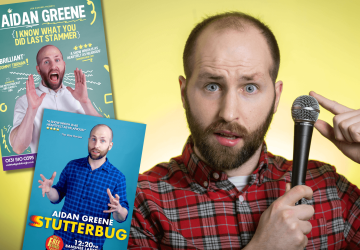A man looking at the camera and holding a microphone, with two inset pictures of stand-up comedy posters