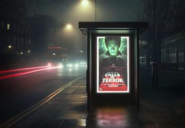 Our Calls Of Terror movie poster on a JCDecaux bus stop digital screen at night