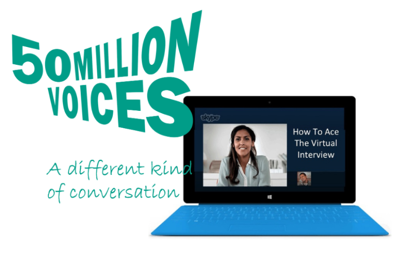 Free practice interviews for people who stammer The 50 Million Voices logo on top of an image of a laptop being used for a video interview