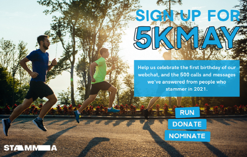 Celebrating a year of webchat: 5k May Runners running on a road, with the 5k May logo on top