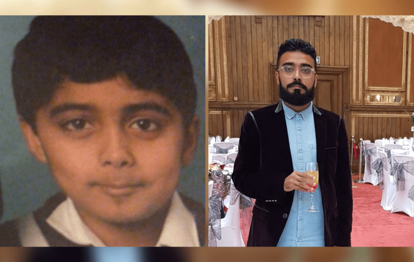Two images, one of a young boy, and the second of the boy as a grown up