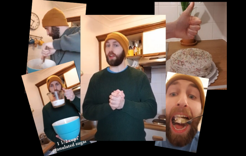 Montage of a man baking a cake