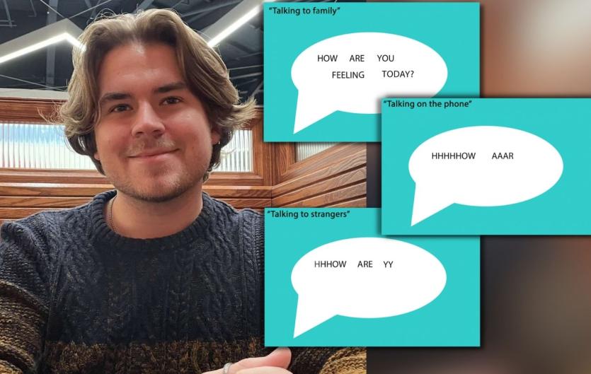 My 'Stammer Situations' art project A man looking at the camera, smiling, with a montage of three speech bubbles next to him, which text in them demonstrating stammered speech.