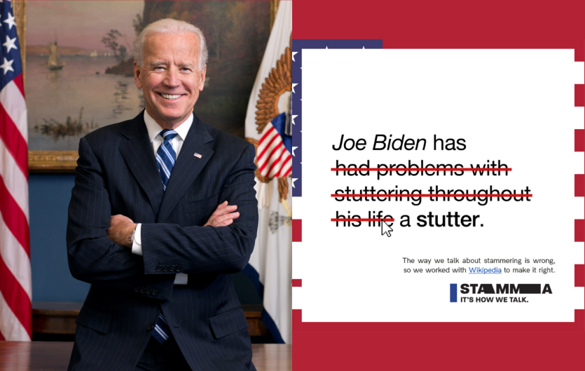 Joe Biden, next to a Find The Right Words campaign advertisement
