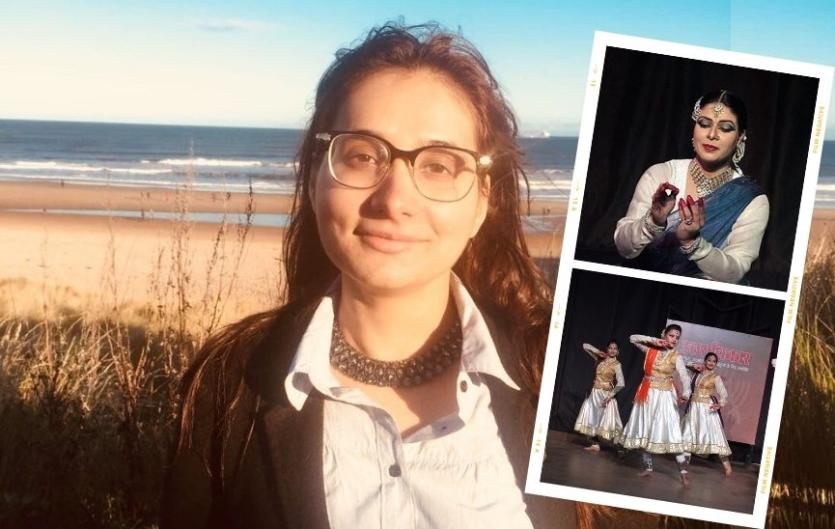 To 'Body-forth' the word A main image of a woman smiling at the camera with a beach backdrop, and two inset images of women dancing in a traditional Indian dance