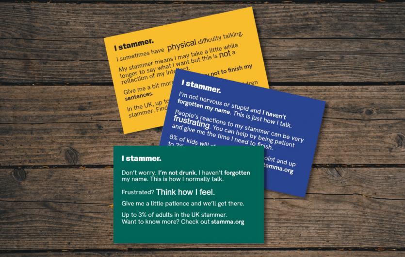 I Stammer Cards Three cards with writing on them