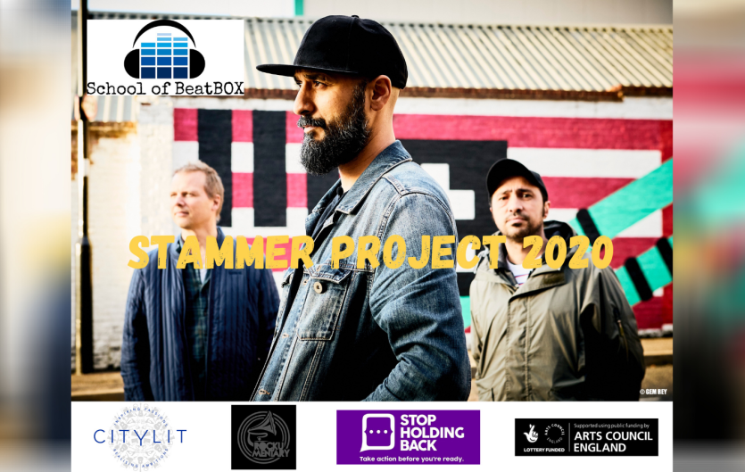 Celebrate the Voice: free online workshop Three men standing, with the headline 'Stammer Project 2020'