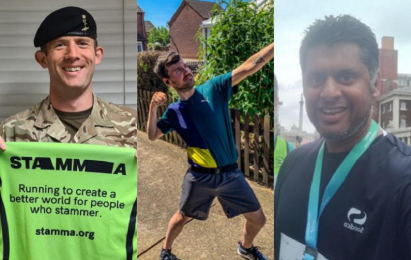 Celebrating our fundraisers A montage showing a man in a soldier's uniform holding a STAMMA vest, a man posing in running gear, and a man wearing a runners medal after a run