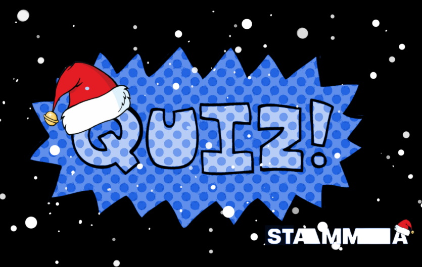 The word 'Quiz! with a Father Christmas hat attached