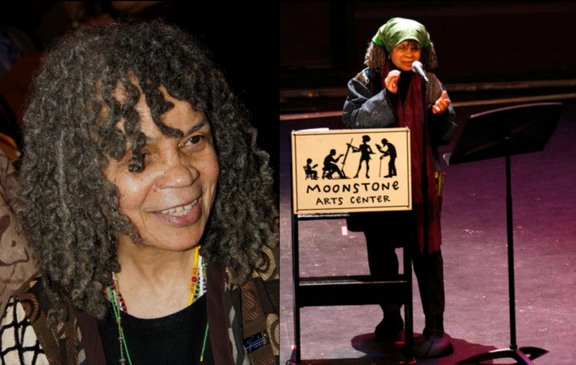Sonia Sanchez Two images of the poet Sonia Sanchez, one a head and shoulders picture, and the second, reading from a pedestal