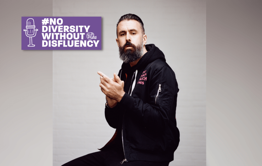 Stammering in the Media Discussion A man sitting on a stool, looking at the camera, beside the words No Diversity Without Disfluency