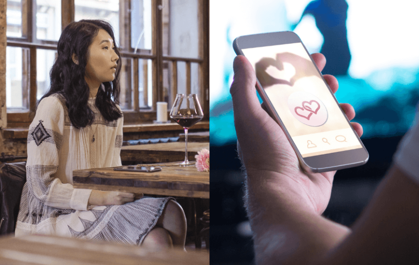 Two images, one of a woman sitting in a restaurant, and the other of a man's hand looking at a dating app on a mobile phone