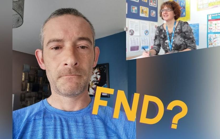 A man looking at the camera, with an inset of a woman at a desk, and the text 'FND?' below