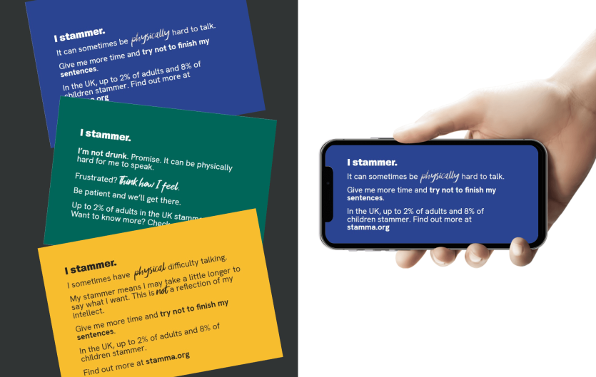 'I Stammer' Cards Three cards with text on them, and a hand holding a smartphone displaying some text
