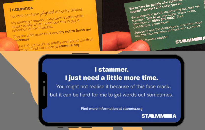 Three images: two of a hand holding cards with text on them, and an illustrated hand holding a smartphone displaying a message