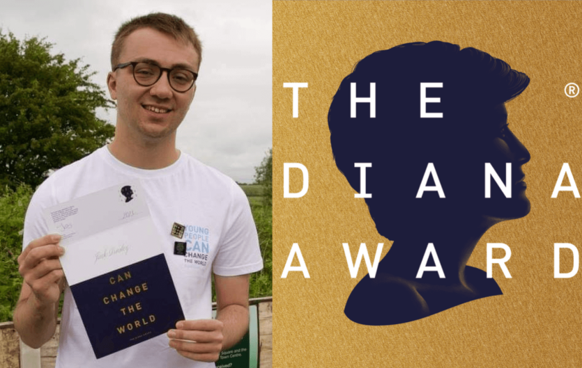 STAMMA member Jack wins The Diana Award Jack Dinsley standing with his Diana Award certificate, with the Diana Award logo next to him