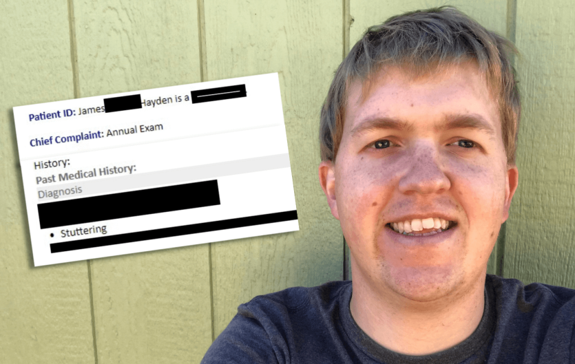 Stammering in my medical records A head and shoulders image of a man looking at the camera, with an inset of an email with some words redacted
