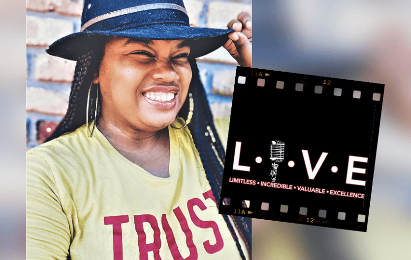 Never mute your voice, because it matters A woman in a hat smiling, with an inset of the logo of a brand 'LOVE'